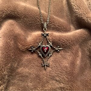 VINTAGE Aged Silver Gothic Red Enamel Cross Heart Pendent Necklace